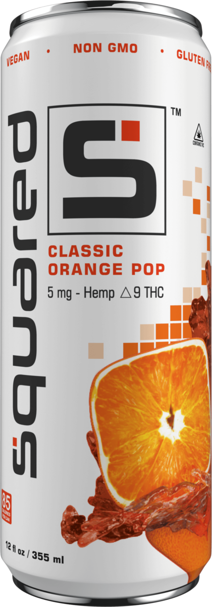 12 ounce sleek aluminum can of Classic Orange Pop by Squared