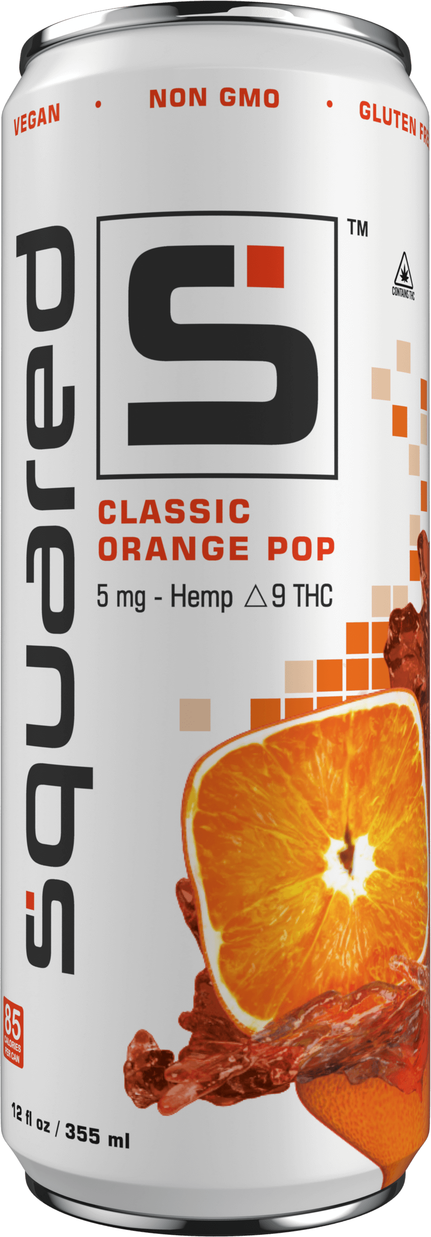 12 ounce sleek aluminum can of Classic Orange Pop by Squared