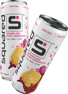 Two 12 ounce sleek aluminum cans of Sparkling Pink Lemonade by Squared