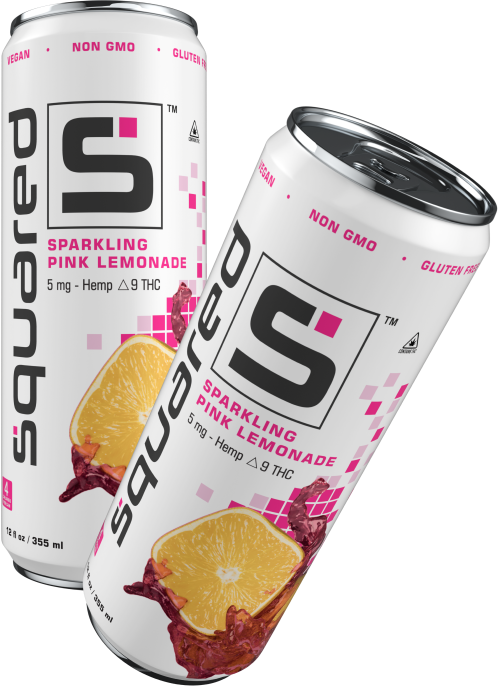 Two 12 ounce sleek aluminum cans of Sparkling Pink Lemonade by Squared