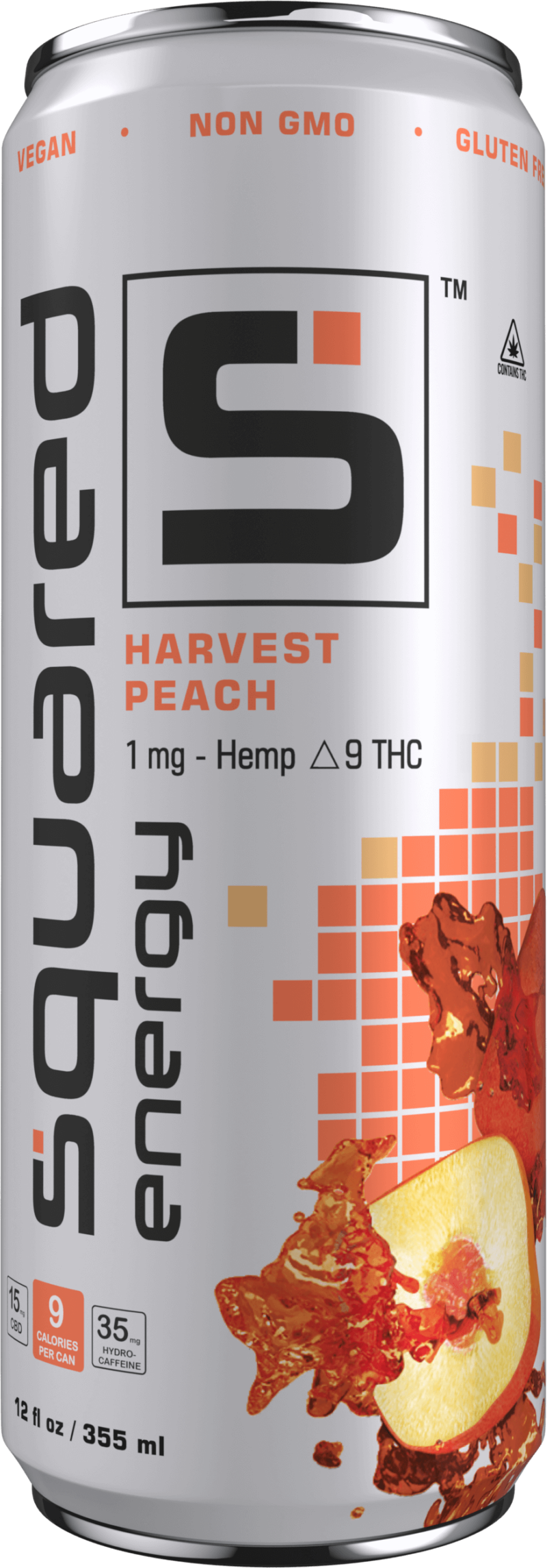 12 ounce sleek aluminum can of Harvest Peach by Squared Energy