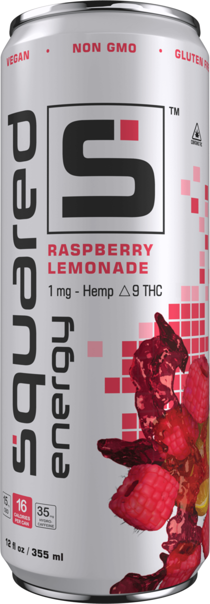 12 ounce sleek aluminum can of Raspberry Lemonade by Squared Energy