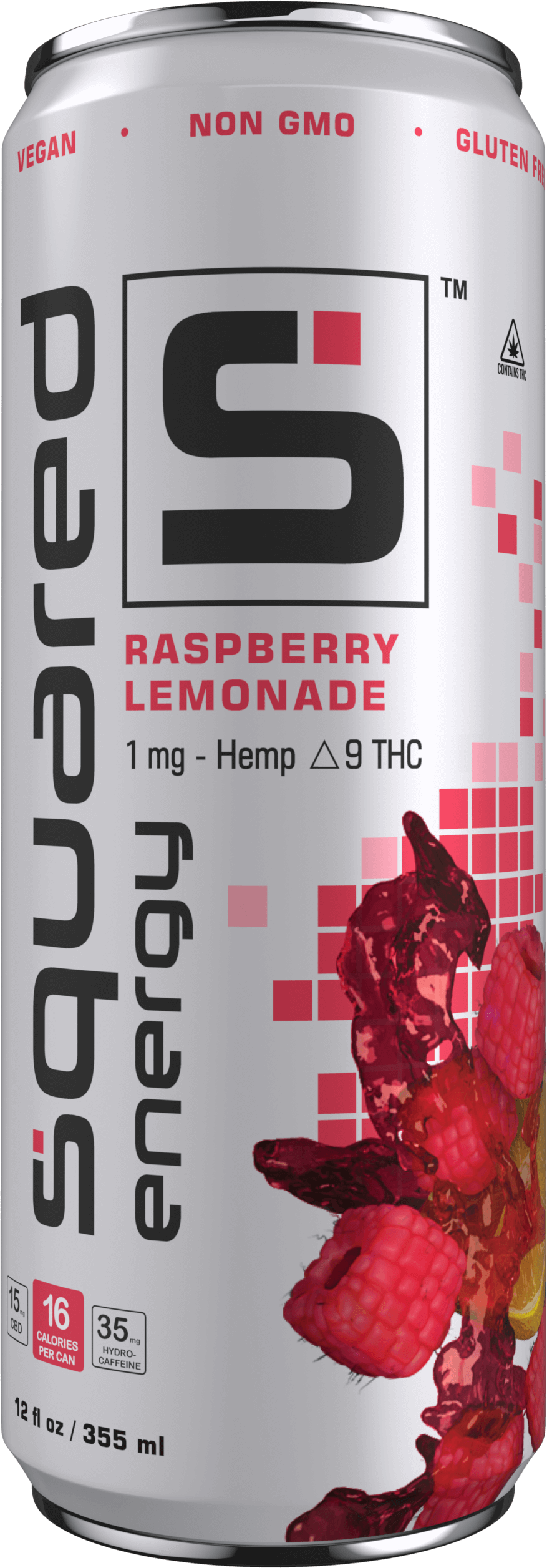 12 ounce sleek aluminum can of Raspberry Lemonade by Squared Energy