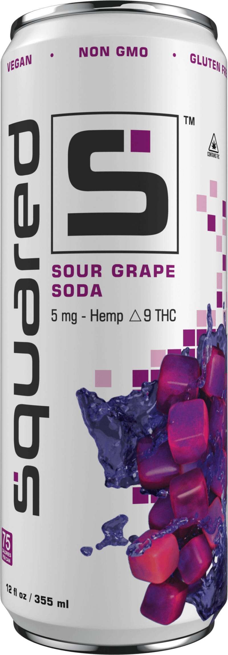 12 ounce sleek aluminum can of Sour Grape Soda by Squared