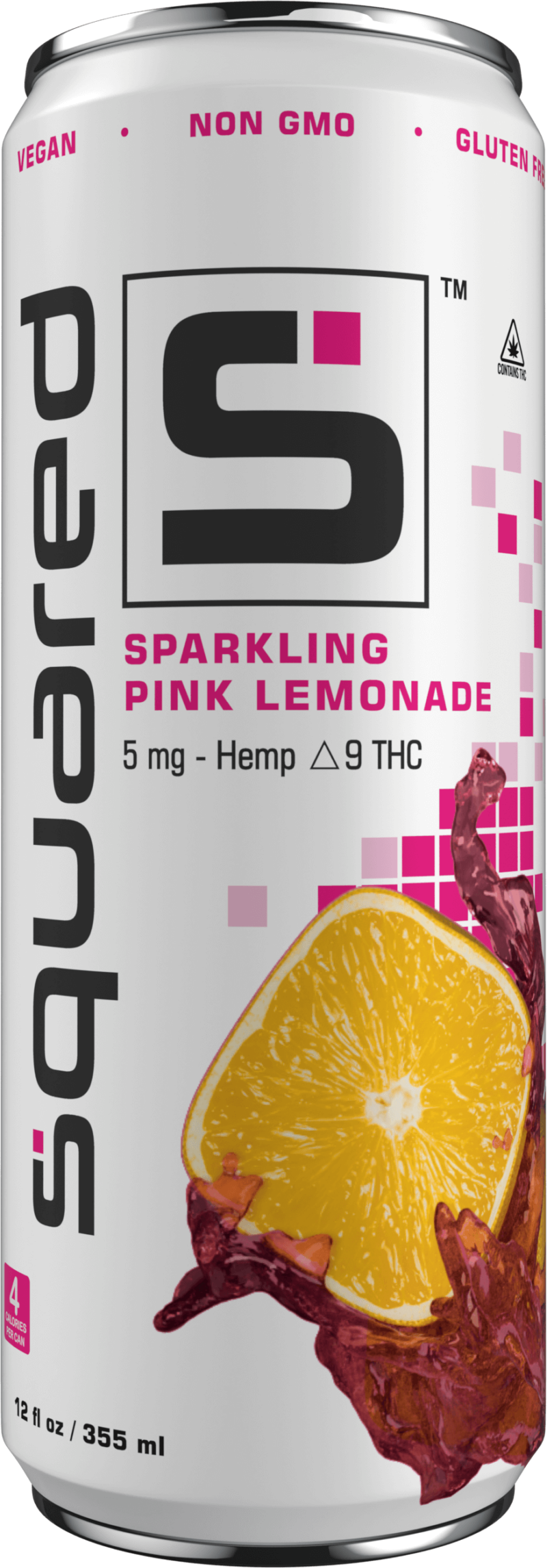 12 ounce sleek aluminum can of Sparkling Pink Lemonade by Squared